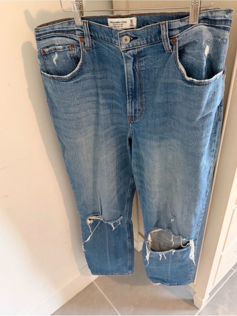 Abercrombie & Fitch Light Blue Ripped Straight-Leg Jeans